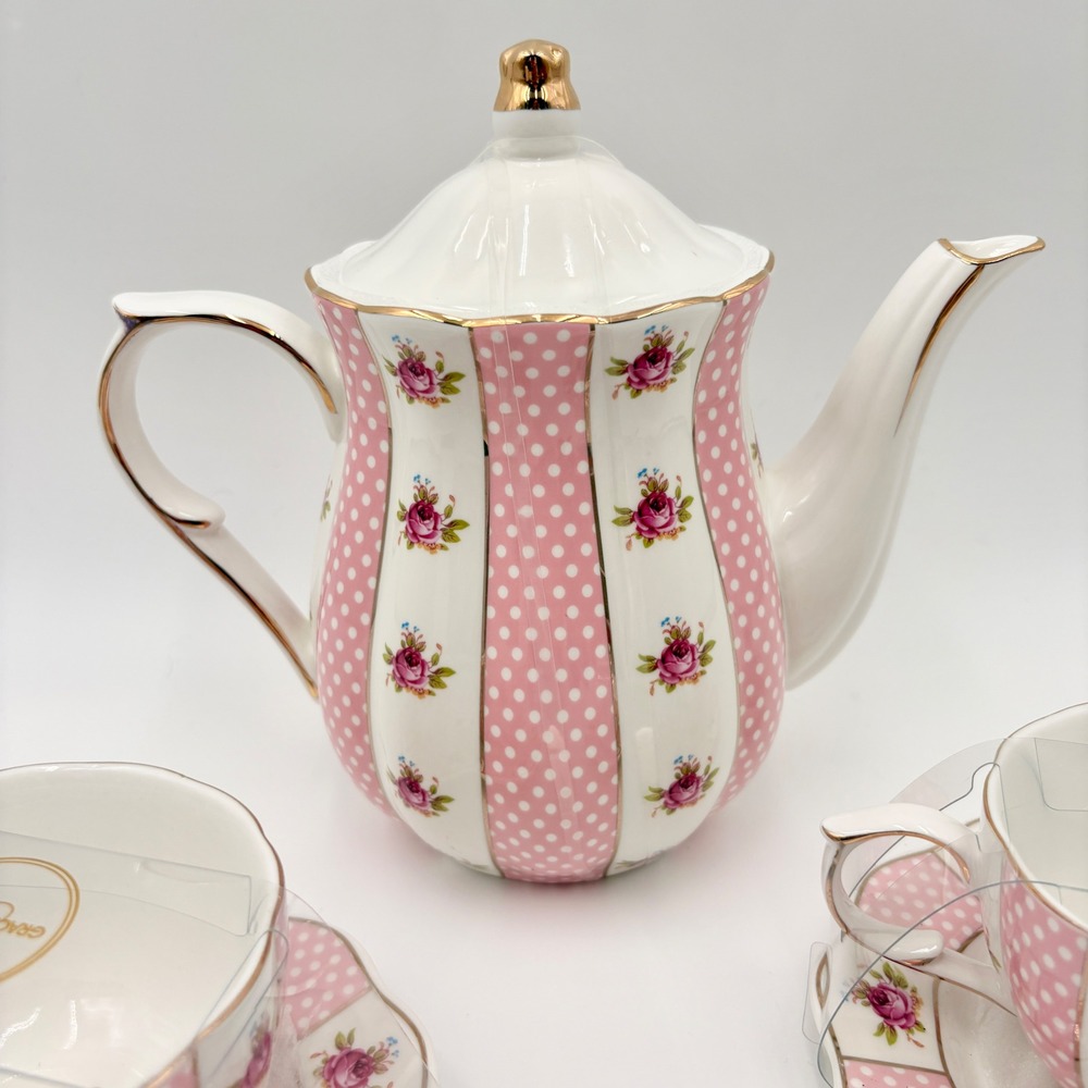 Grace Teaware Pink Polka Dot Rose Floral Porcelain Teapot and 2 Cup Saucer Set - Picture 5 of 11